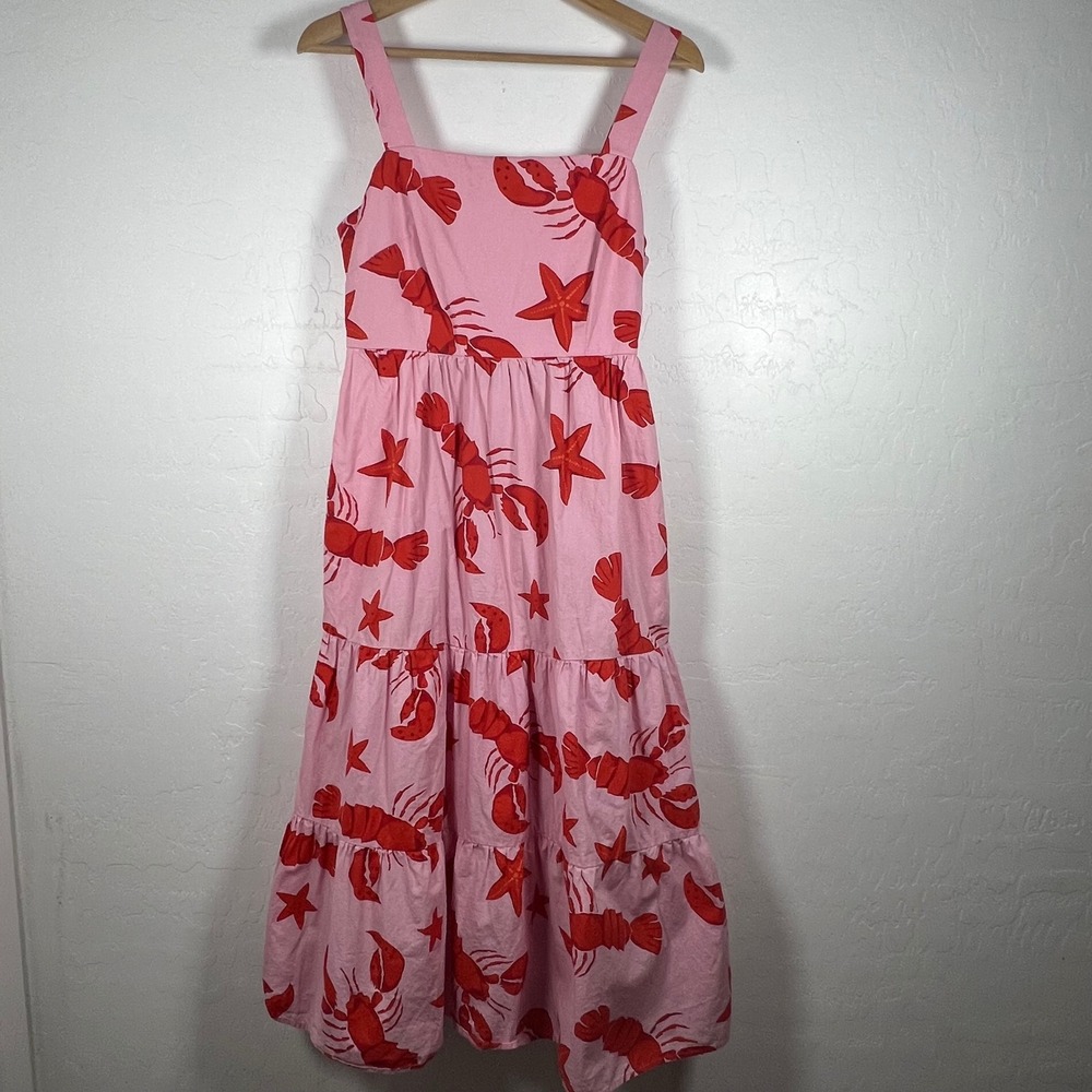 J.Crew Pink Lobster Starfish Tiered Midi Dress Square Neck Cotton 6